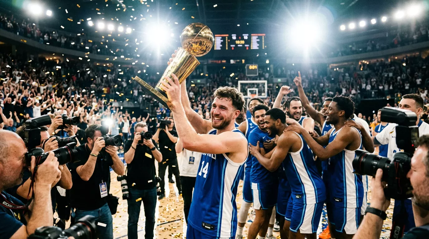 Jugador de baloncesto recibiendo el trofeo de MVP de la Basketball Champions League