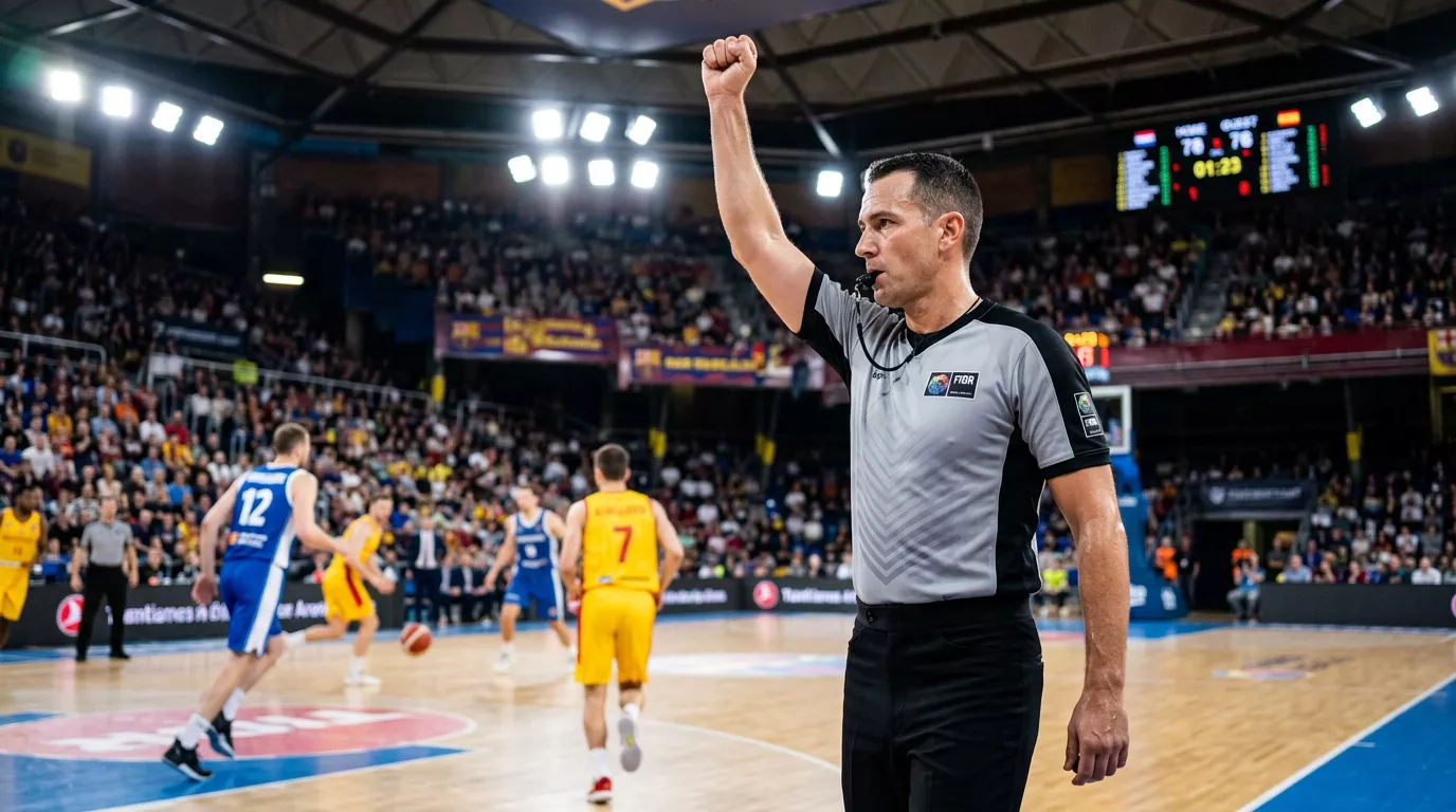 Árbitros de baloncesto FIBA dirigiendo un partido de la Basketball Champions League