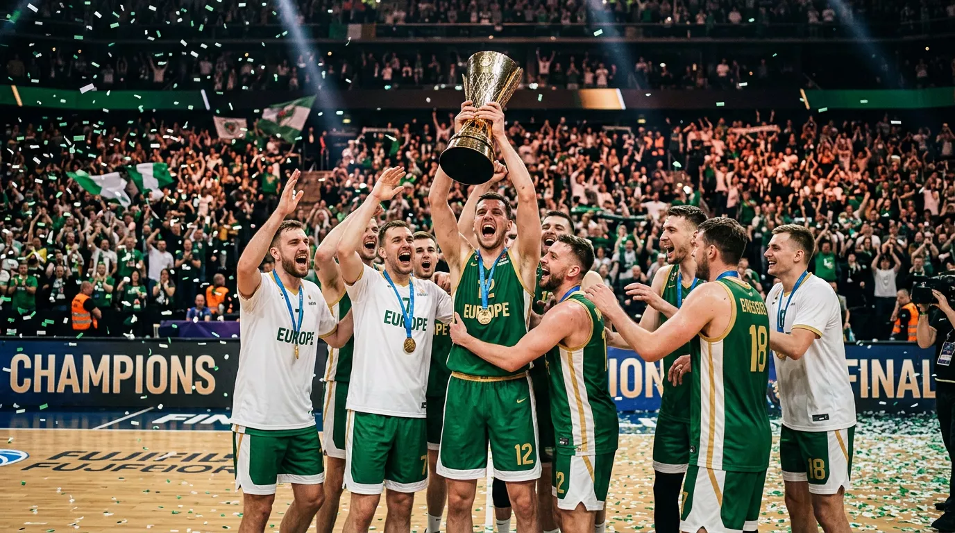 Jugadores del Unicaja Málaga celebrando un título de la Basketball Champions League