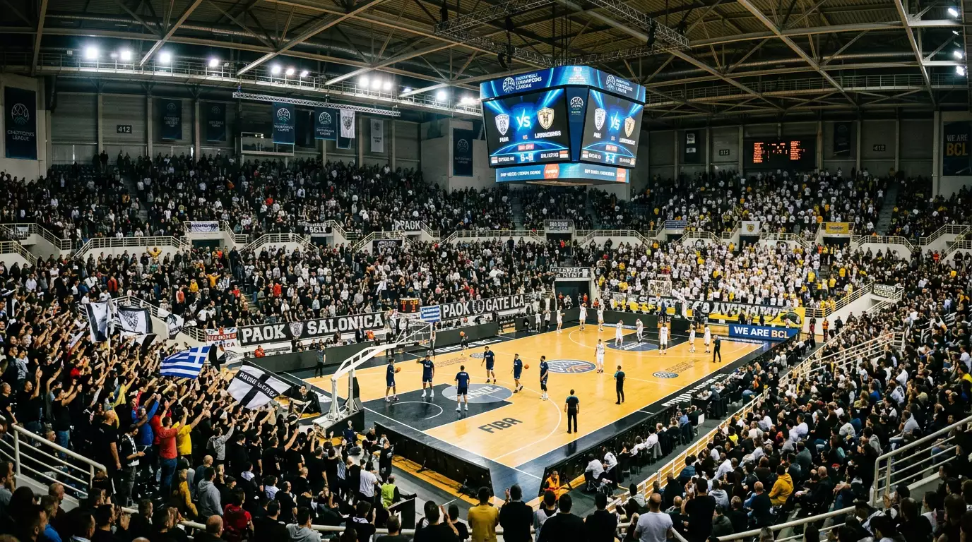 Pabellón de baloncesto europeo durante un partido de la Basketball Champions League con gradas llenas