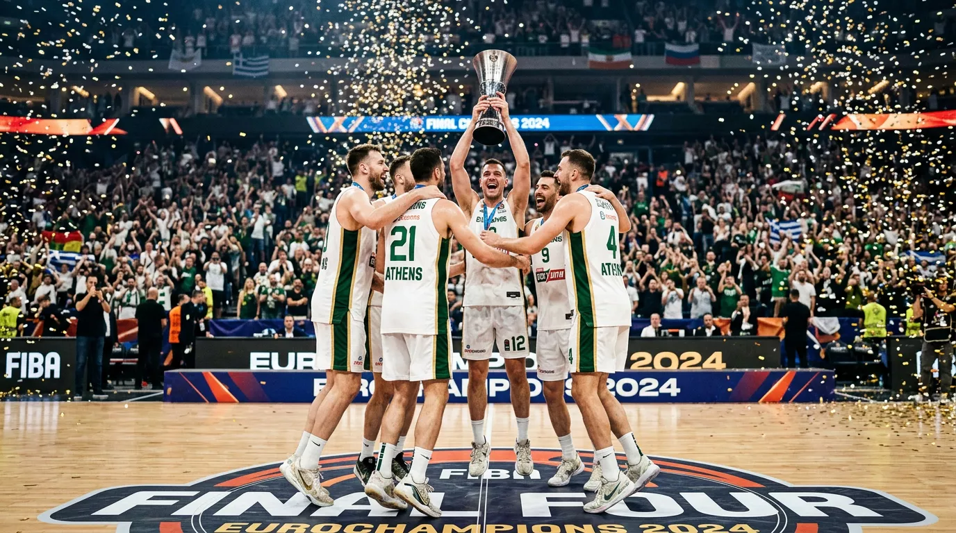 Jugadores de baloncesto celebrando un título en la Basketball Champions League con confeti en la cancha
