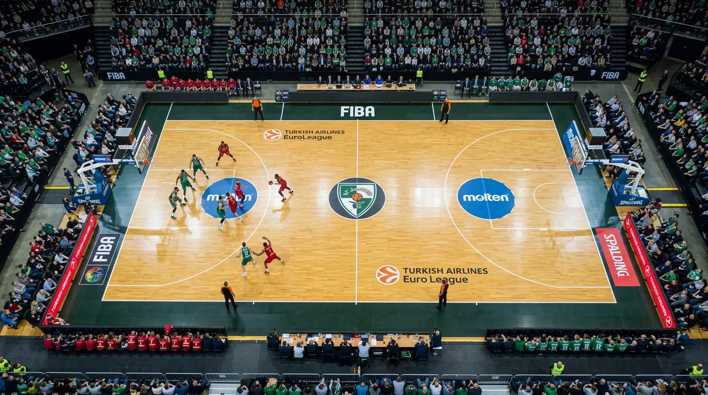 Cancha de baloncesto con vista cenital mostrando las líneas de juego FIBA durante un partido de la BCL