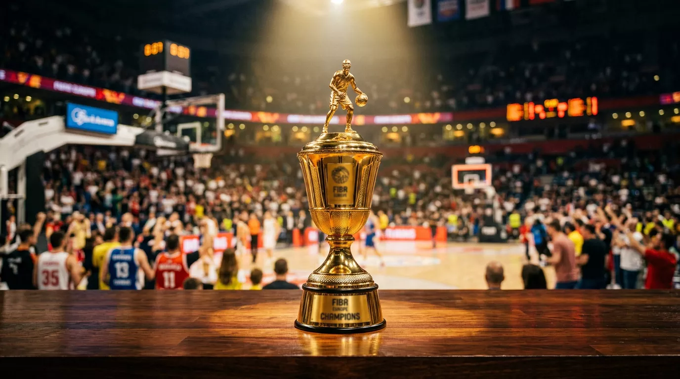 Trofeo de la Basketball Champions League junto a una representación de los premios económicos por fase