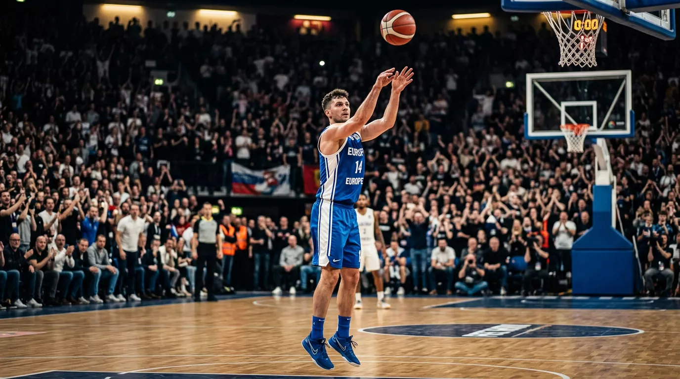 Jugador de baloncesto europeo anotando durante un partido de la BCL con estadísticas individuales superpuestas