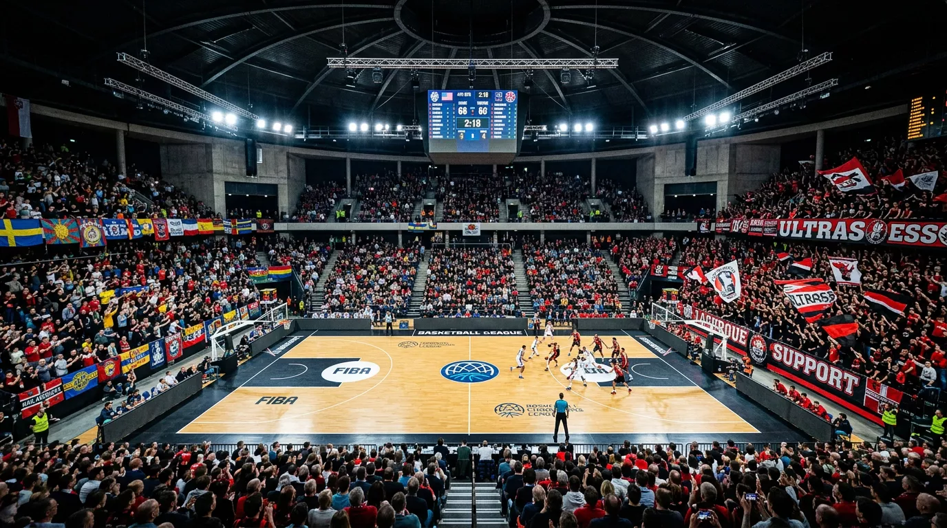 Cancha de baloncesto europeo durante un partido de la Basketball Champions League con aficionados en las gradas